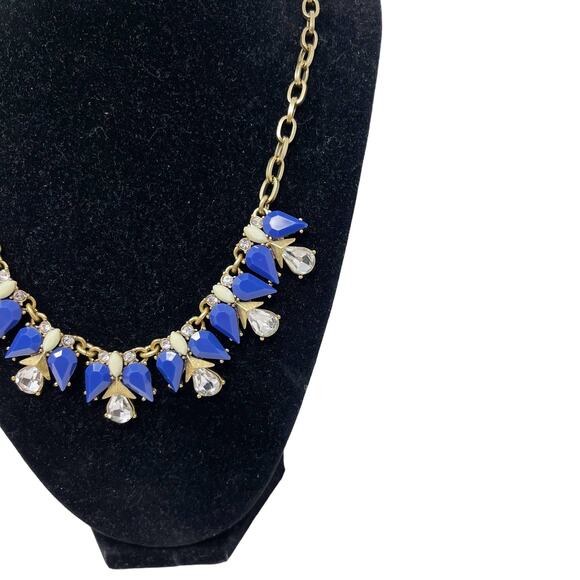 J Crew Blue Rhinestone Bib Statement Necklace Gold Tone Chainlink Gem Stones - Picture 2 of 6